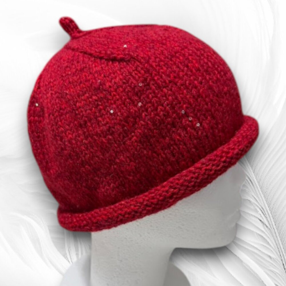 Handmade Red Knit Wool Blend Beanie With Rolled Brim